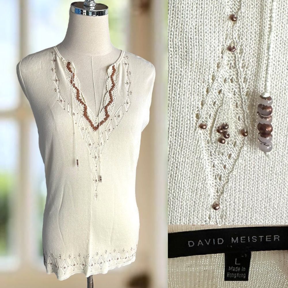 DAVID MEISTER Beaded Embellished Knit Top V-Neck Tank Blouse Size L